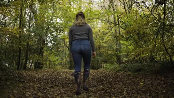 Активная Женщина Идущая Тропинке Через Зеленый Лес Лангидроке Корнуолл Великобритания — стоковое видео
