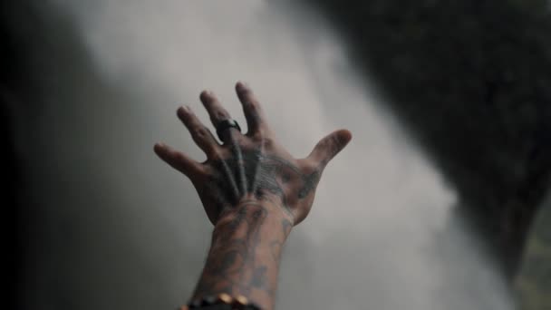 Tattooed Hand Reaching Pailon Del Diablo Waterfall Baos Agua Santa — Stock Video