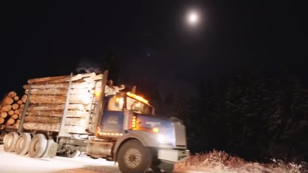 Mit Holz Beladener Sattelzug Fährt Nachts Auf Schneeglatter Straße — Stockvideo