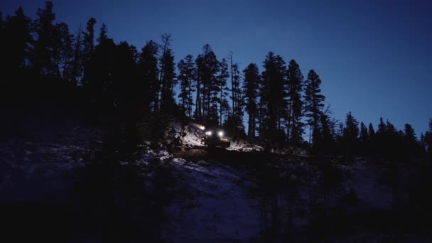 Wide Far Away Establishing Shot Nighttime Industrial Wood Logging Operation — Stock Video