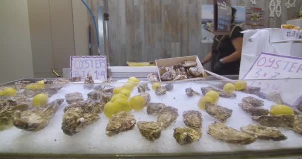 Ostras Frescas Exposição Num Mercado Tradicional Vendedor Preparar Ostras Boqueria — Vídeo de Stock