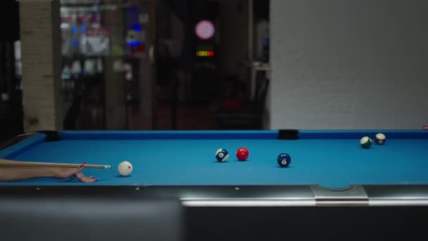 Woman Playing Billiard Hitting Cue Ball Snooker Cue Table Close — Stock Video
