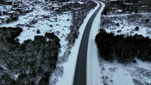 Панорамный Вид Воздуха Асфальтовую Дорогу Зимой Автомобилями Путешествующими Южной Исландии — стоковое видео