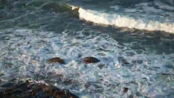 Close White Wash Ocean Waves Crashing Rocky Beach Shore — Stock video