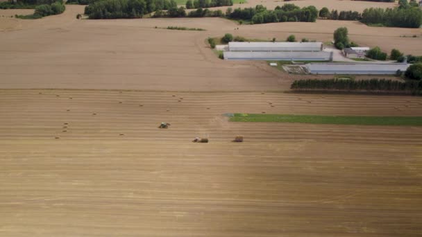 Trucks Tractors Harvest Straw Field Farm Aerial Drone — Stock Video
