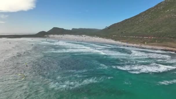 Aerial View Kite Surfers South Africa Birds Fly Close Drone — Stock Video