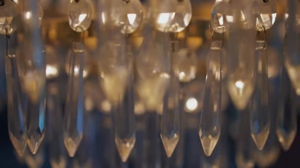 Close Drops Crystal Chandelier Move Slow Motion — Stock Video