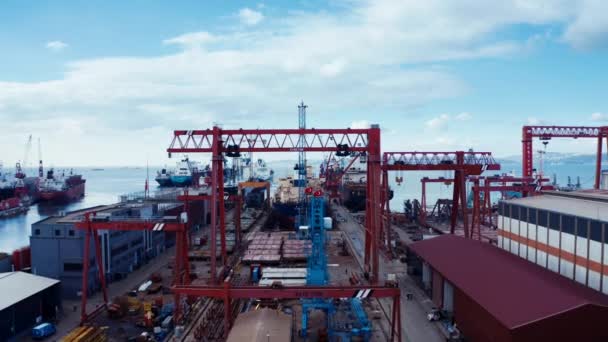 Aerial View Ship Repair Yard Dry Dock Crane — Stock Video