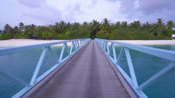 Berkendara Melintasi Jembatan Kecil Jauh Dari Pulau Tropis Dengan Pohon — Stok Video