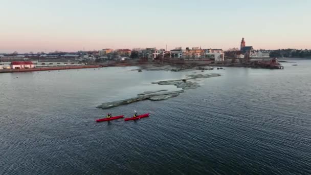 Aerial View Kayakers Paddling Coastal Sea Hanko City South Finland — Stock Video