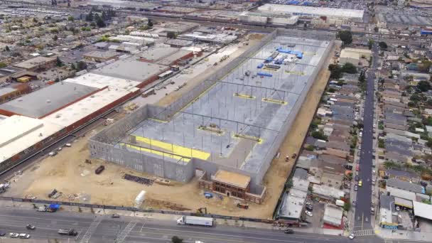 Large Warehouse Construction Wide Establishing Aerial View — Stock Video