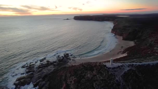 Vuurtoren Boven Vuurtoren Schilderachtig Zonsondergang Landschap Cape Spencer Lighthouse Cliff — Stockvideo