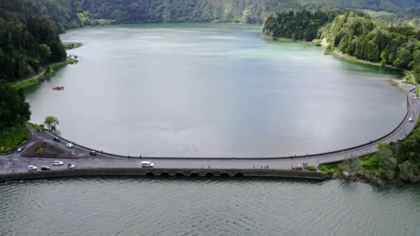 Laguna Azul Puente Piedra Sete Cidades Azores Panorama — Vídeo de stock