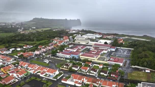 Storm Forming Sea Coast Town Azores Wide Aerial Shot — Stock Video