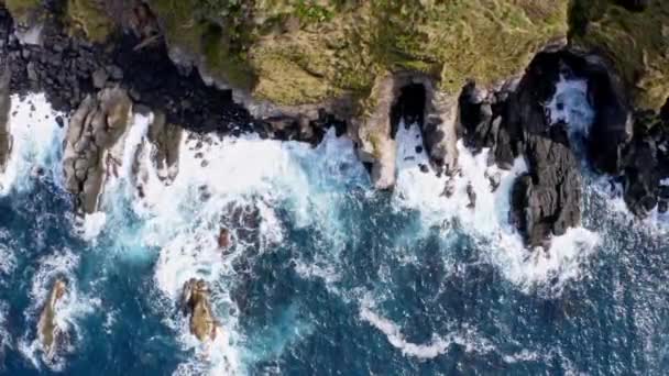 Vagues Mousseuses Lavant Les Falaises Côtières Rocheuses Escarpées Des Açores — Video