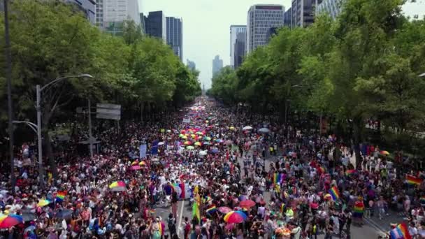 Hervormingsweg Vol Met Mensen Vieren Gay Trots Mexico Stad Luchtfoto — Stockvideo