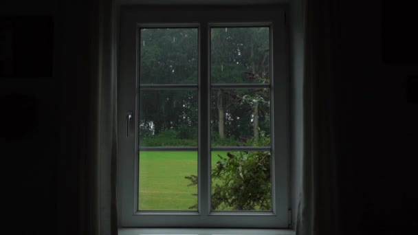 Moody Rain Window Dark Room Wide Slow Motion — Stock Video