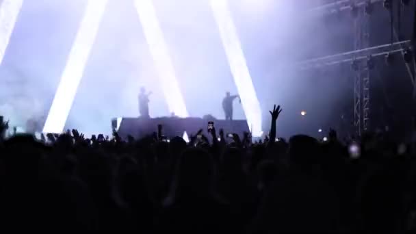 Blinkende Neonlichter Auf Der Konzertbühne Vor Jubelnden Und Klatschenden Fans — Stockvideo