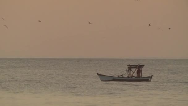 Fisherman Fishing Small Boat Sea Golden Sky Background Dusk — Stock Video