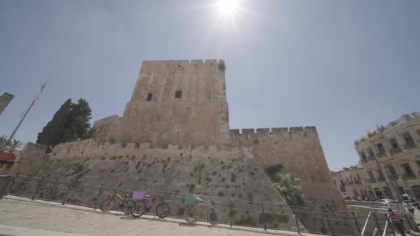 Bländande Sol Skiner Över Den Gamla Staden Jerusalem Israel Pov — Stockvideo