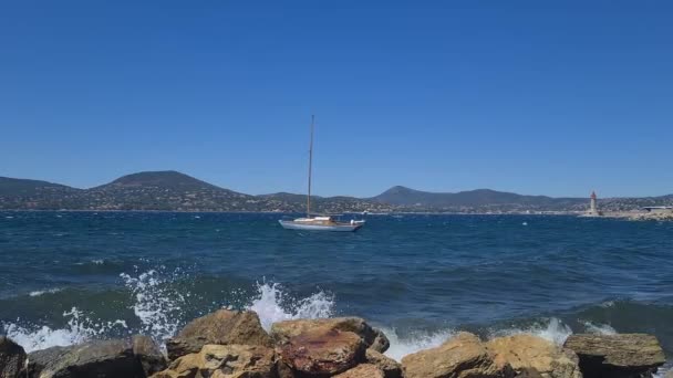 Mar Mediterráneo Velero Anclado Bahía Saint Tropez Francia Soleado Día — Vídeo de stock