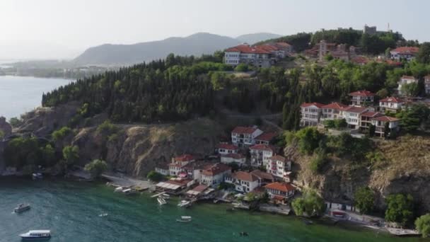 Litoral Lago Ohrid Macedônia Norte Com Visão Aérea Drone Transformando — Vídeo de Stock