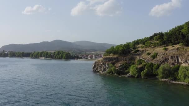 Drone Voando Sobre Maior Lago Europa Lago Ohrid Pôr Sol — Vídeo de Stock