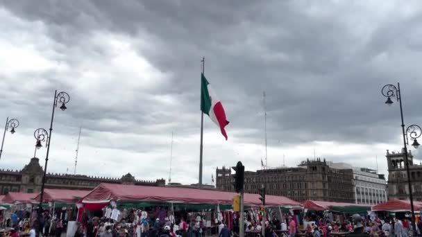 メキシコの国旗のスローモーションは 背景にあるゾカロの全体像を振っています — ストック動画