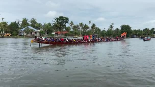 Rowers Paddling Traditional Snake Boat Vallam Kali River Race India — Stock Video