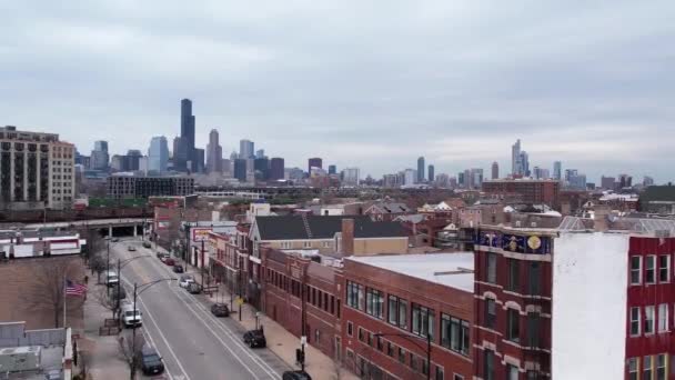 Luchtfoto Van Chicago Cityscape Skyline Vanuit Lower West Side Pilsen — Stockvideo
