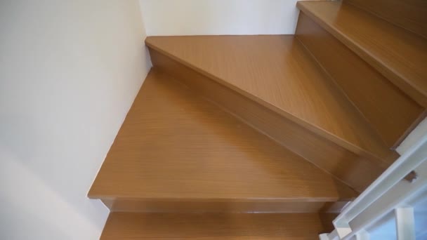 Clean Shiny Compact Brown Wooden Stair Close — стоковое видео