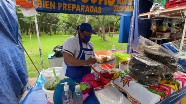 在查普尔特佩克森林拍摄的传统墨西哥厨师准备意大利面和意大利面的照片 — 图库视频影像