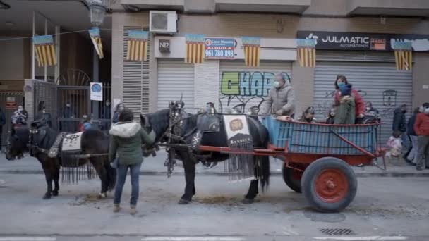 Konie Domowe Wózkiem Dla Osób Stojących Ulicy Podczas Festiwalu Sant — Wideo stockowe