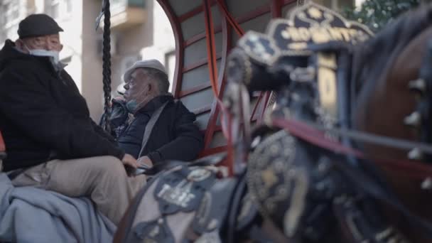 Ältere Männer Tragen Masken Mit Ihrer Oldtimer Kutsche Festtag Von — Stockvideo