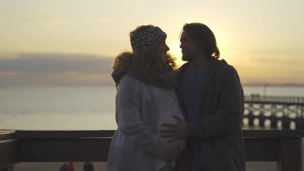 在大海前拥抱享受日落的一对成年夫妇的轮廓 大肚子的怀孕妇女 — 图库视频影像