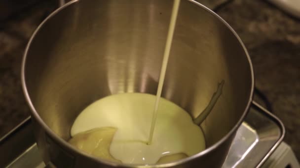 Milk Added Pot Prepare Dough Needed Pastry — Stock Video