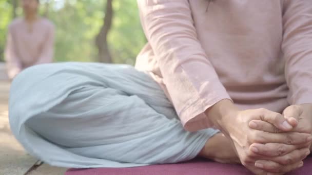 Asiatico Indiano Donna Esecuzione Yoga Farfalla Posa Foresta Ritiro Goa — Video Stock