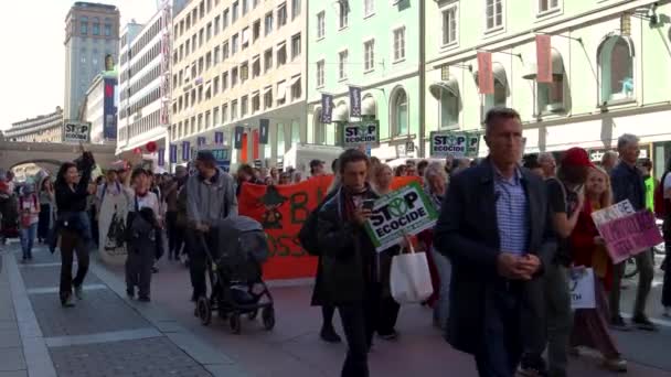 Οικογένειες Πορεία Πινακίδες Στο Συλλαλητήριο Διαμαρτυρίας Για Κλίμα Στοκχόλμη Σουηδία — Αρχείο Βίντεο
