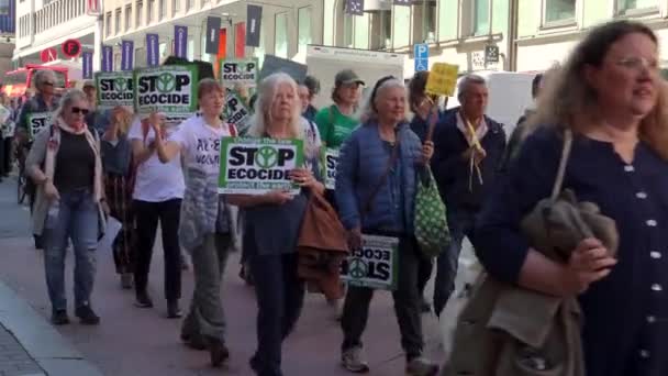 Manifestantes Marchan Con Pancartas Alto Ecocidio Marcha Climática Suecia — Vídeo de stock