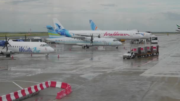 バスや飛行機が外に停まって忙しい曇り空の日に男性のヴェラナ国際空港 — ストック動画