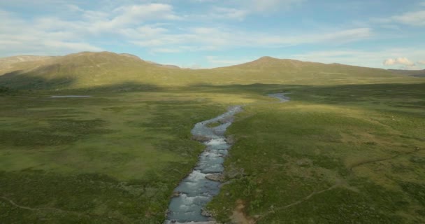 ノルウェーのジョトゥンヘイメンの谷の風景を流れる川 空中ドローン — ストック動画