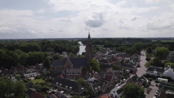 Reformed Prostestant Church River Canal Background Scenic Village Utrecht Aerial — Stock Video