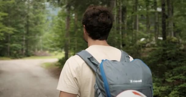 Een Jonge Wandelaar Wandelend Een Pad Door Het Bos Met — Stockvideo