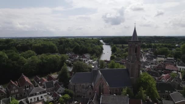 Légi Kilátás Loenen Aan Vecht Harangtorony Templom Felé Vecht Folyó — Stock videók