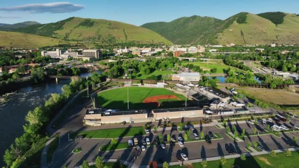 Baseball Field Riverbank Ogren Park Allegiance Field Missoula Montana Aerial — Stock Video