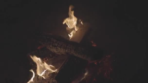 Τραβάω Πλάνα Από Κορμούς Που Καίγονται Ένα Λάκκο Φωτιάς Ευρεία — Αρχείο Βίντεο