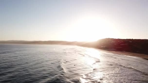 Aeronave Drone Durante Pôr Sol Praia Com Surfistas Pegando Ondas — Vídeo de Stock