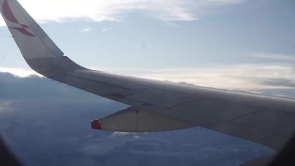 Άποψη Της Πτέρυγας Ενός Εμπορικού Αεροπλάνου Από Παράθυρο Καθαρό Ουρανό — Αρχείο Βίντεο
