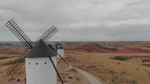 Prachtig Uitzicht Wit Gewassen Windmolens Oranje Geel Landschap Schot Voetstuk — Stockvideo