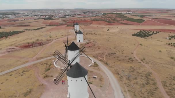 Four Amazing White Windmills Nestled Sun Scorched Earth Orange Tones — Stock Video